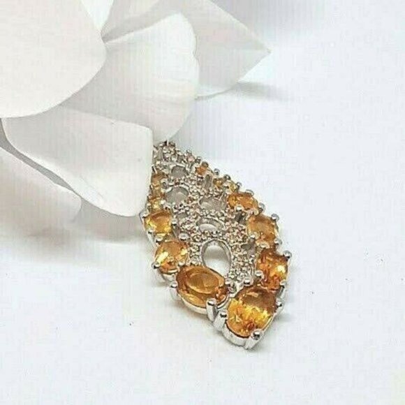 Natural Yellow Citrine with CZ 14K White Gold on 925 Sterling Silver Necklace‎ - Picture 2 of 4